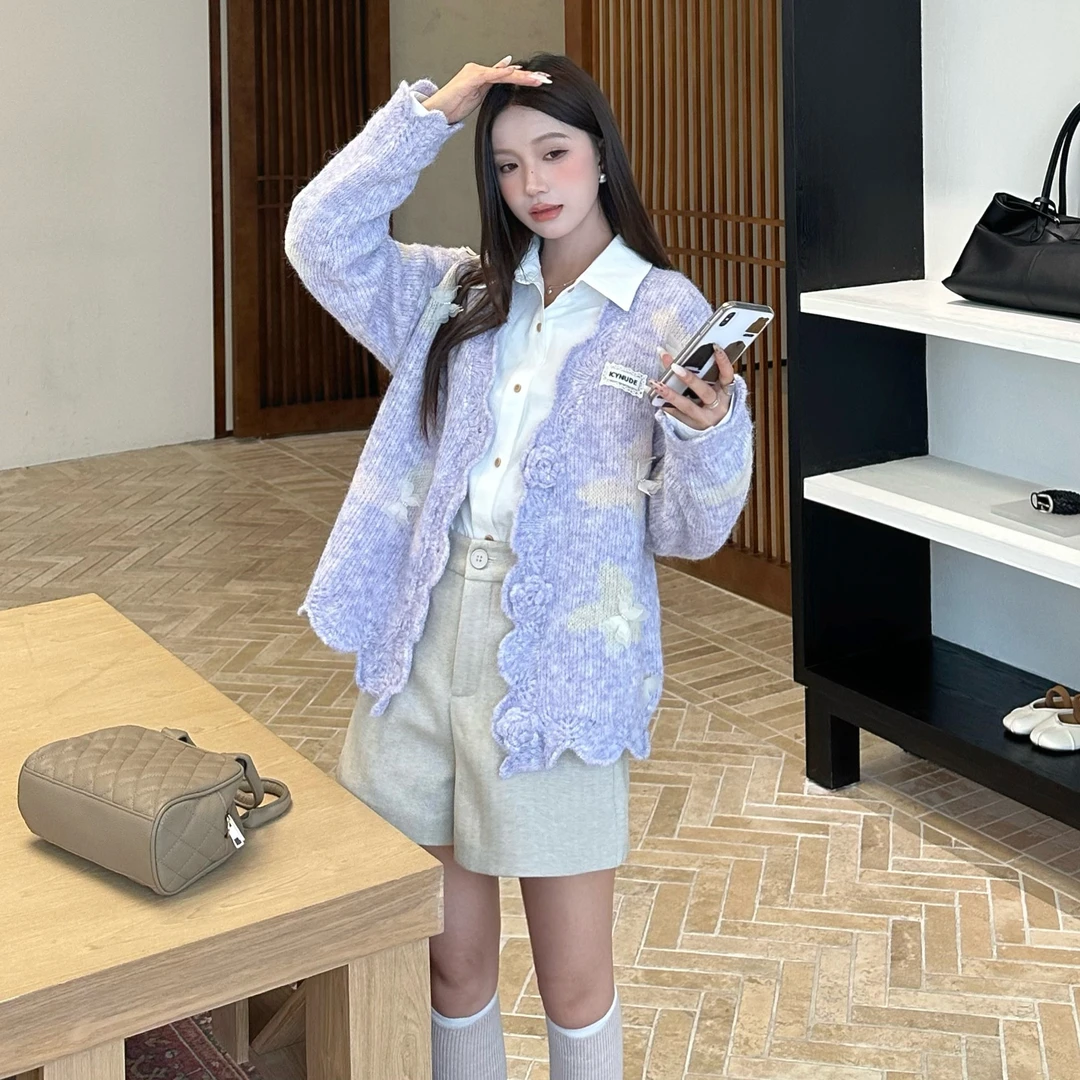 ICYNUDE官方店紫色蝴蝶波浪边针织开衫女宽松显瘦洋气休闲上衣