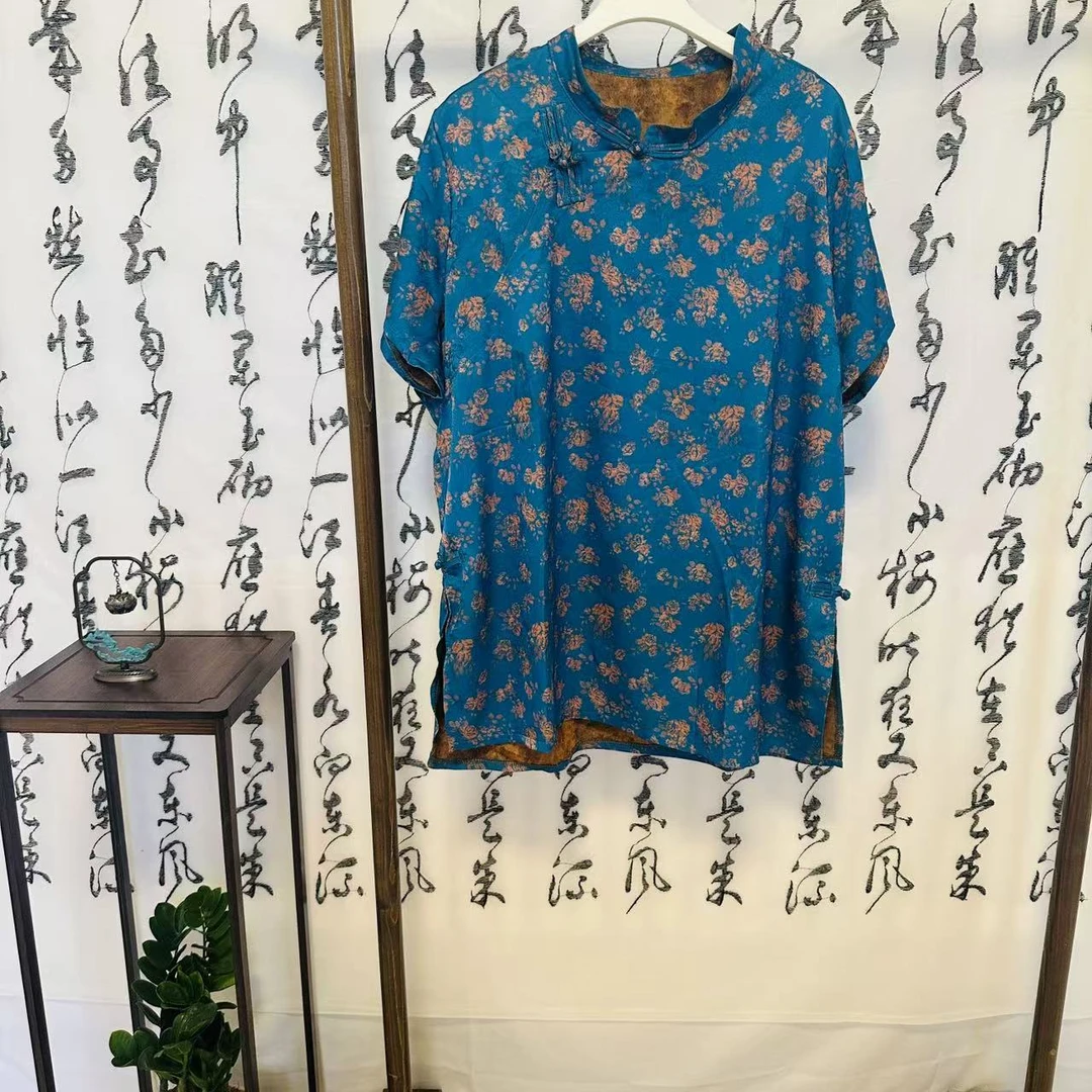 【青衣】新中式大码胖mm印花盘扣上衣