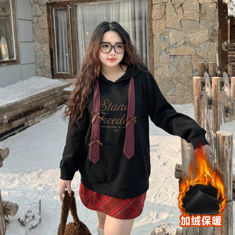 CD6732大码女装【圣诞穿搭氛围感】连帽蝴蝶结抽绳刺绣秋冬加绒卫衣