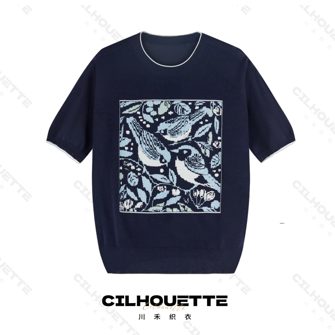 川禾织衣 夏季喜鹊提花圆领天丝桑蚕丝短袖T恤显瘦打底针织衫上衣