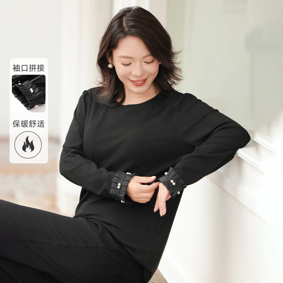 【浪漫钉珠打底】MsShe大码女装2025新款春优雅气质长袖T恤E2411024