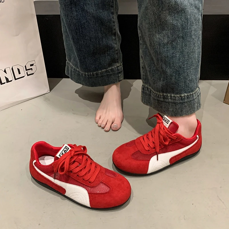 网面透气德训鞋小白鞋女2025新款复古休闲系带运动鞋百搭平底板鞋