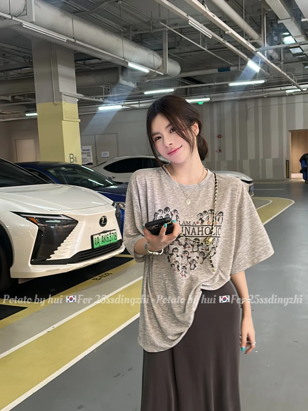 【HuiHui】慵懒风卡通爱心圆领宽松上衣（H8433）