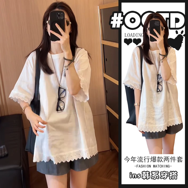 欧货两件套时尚套装夏季新款法式洋气宽松短袖上衣搭高腰西装短裤