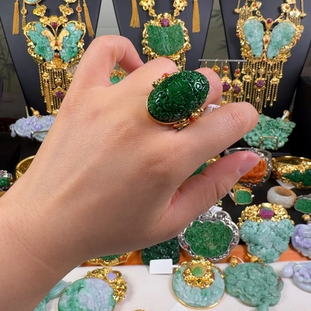 翡翠银S925镀金镶嵌颈饰花青大蛋面戒指
