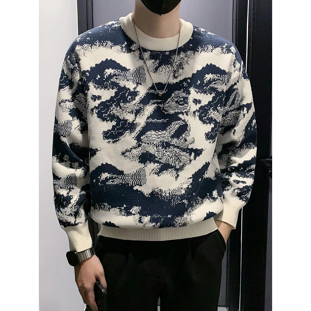 灏吉弧毛衣男秋冬季潮牌痞帅风扎染针织衫2025新款男士内搭打底衫