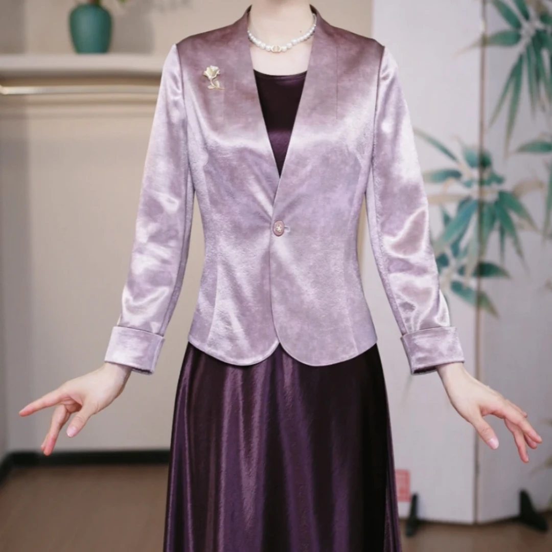 【外套+连衣裙】2025秋季新款桑蚕丝紫气东来高贵气质中式两件套裙