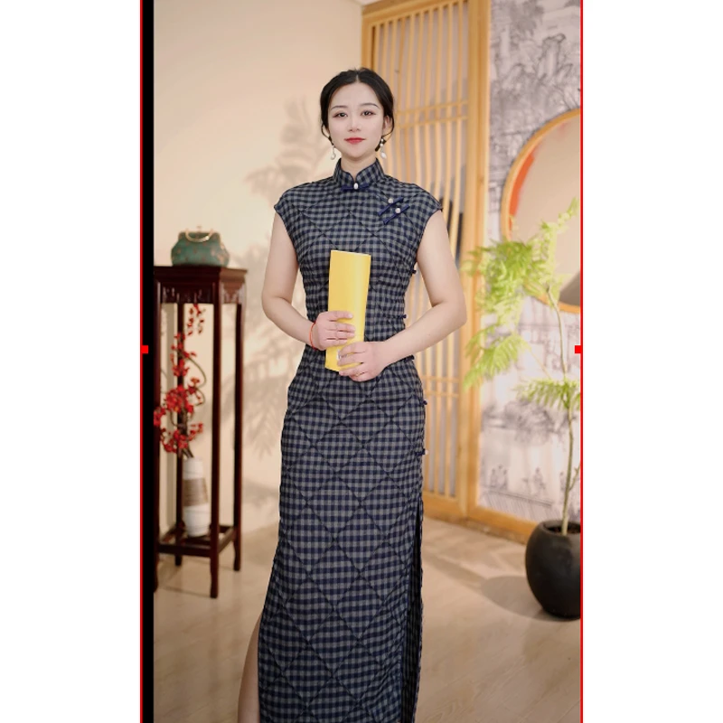 【晴茉】优雅气质改良款旗袍复古文艺风长款旗袍新国风格子连衣裙