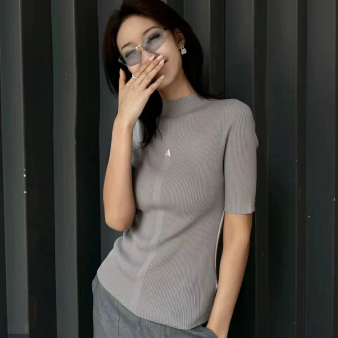 阿玛施针织短袖早秋轻奢气质修身显瘦轻职风修身烟管领T恤 538063