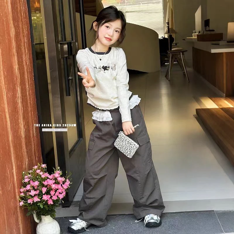 女童早秋套装2025秋季新款儿童巨好看蕾丝边长袖上衣工装裤两件套