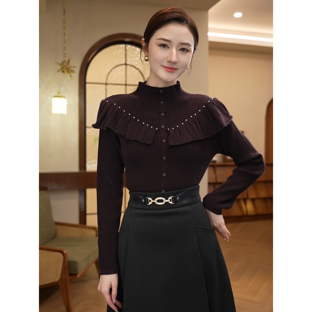 2025秋冬新款【8527】含绵羊毛内搭打底外穿咖色显瘦毛衣立领针织衫