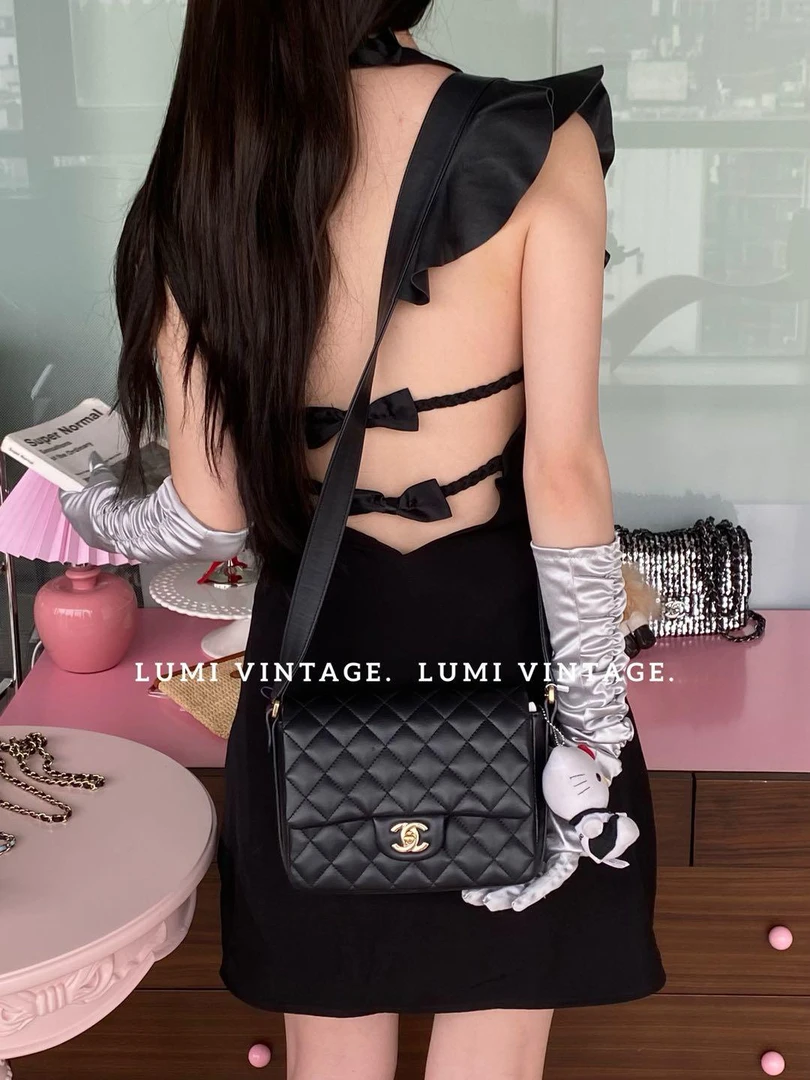95新 Chanel/香奈儿 黑银羊皮荷叶边方胖子单肩包51457177