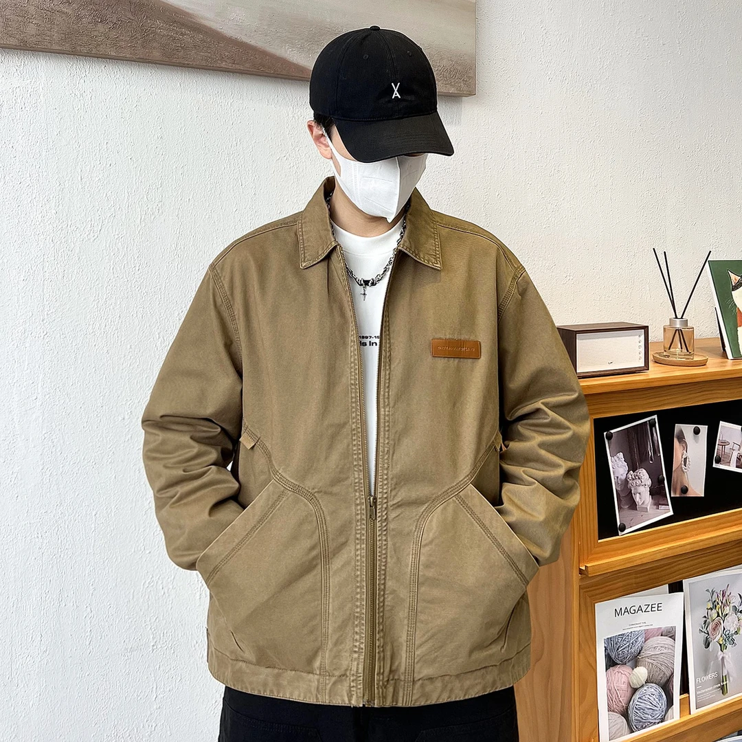 山系复古纯棉重磅水洗底特律工装夹克男装新款春秋季美式外套男