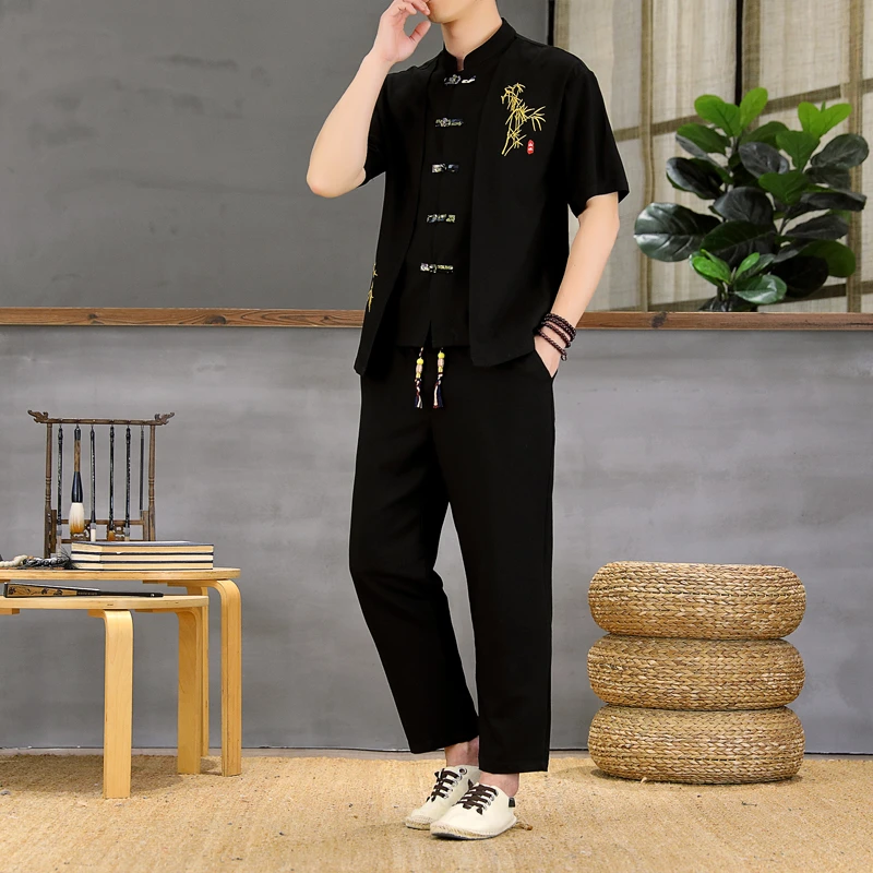 夏季新款男士短袖T恤假两件中国风套装国潮复古中式盘扣宽松唐装