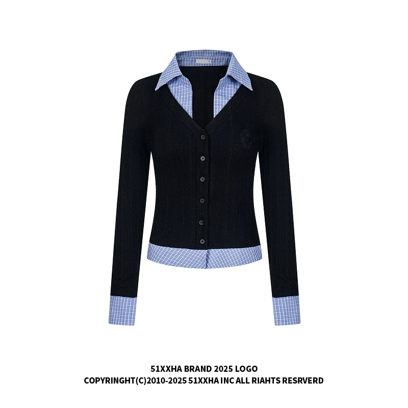 51嘻哈韩系假两件格纹拼接长袖衬衫女秋季新款辣妹修身显瘦短款