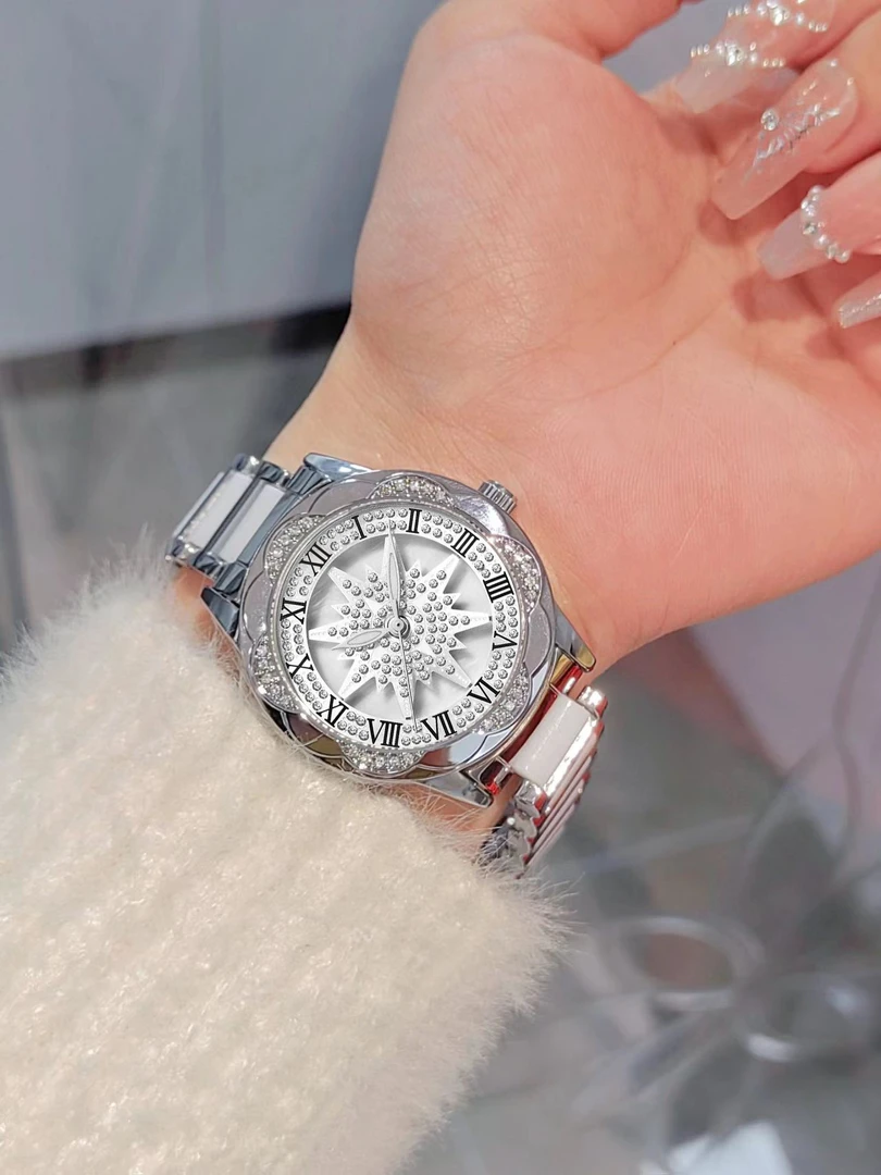 【旋转太阳花】高端镶钻时尚轻奢太阳花女表陶瓷白防水手表女CH168