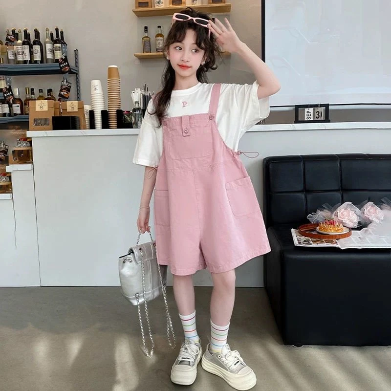 女童背带裤套装2025夏季新款洋气儿童装夏装短裤女大童短袖两件套