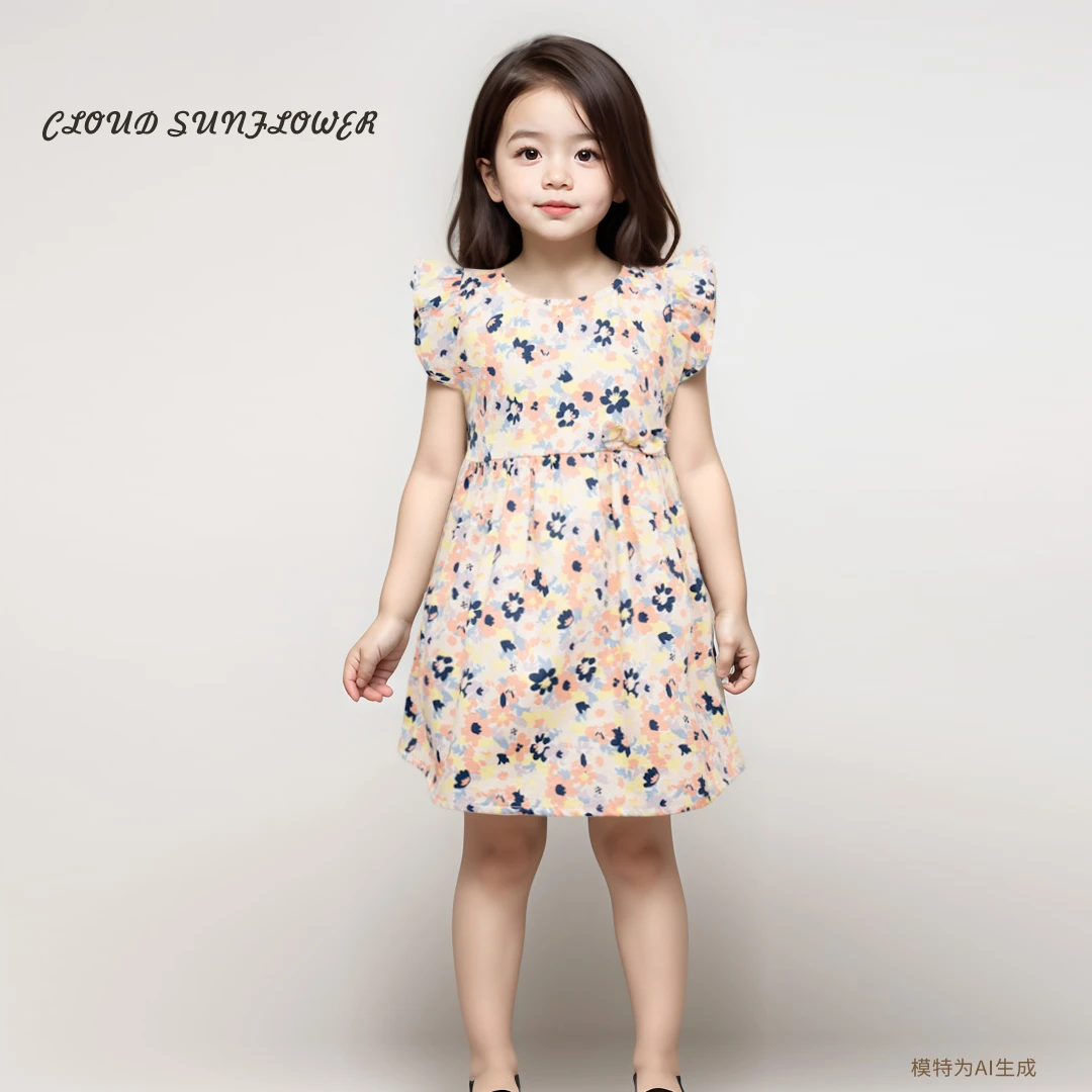 女童海棠六瓣花满印蝴蝶结棉缎洋气连衣裙660071