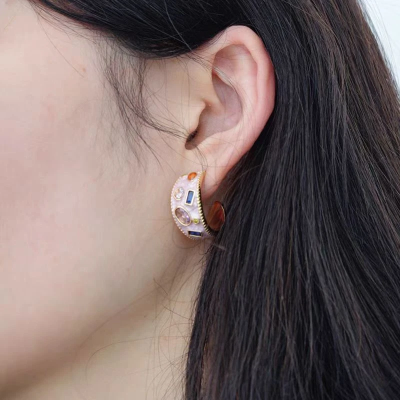 合金耳饰 夏哩粉色珐琅滴釉耳环小众清澈高级感C字耳饰117