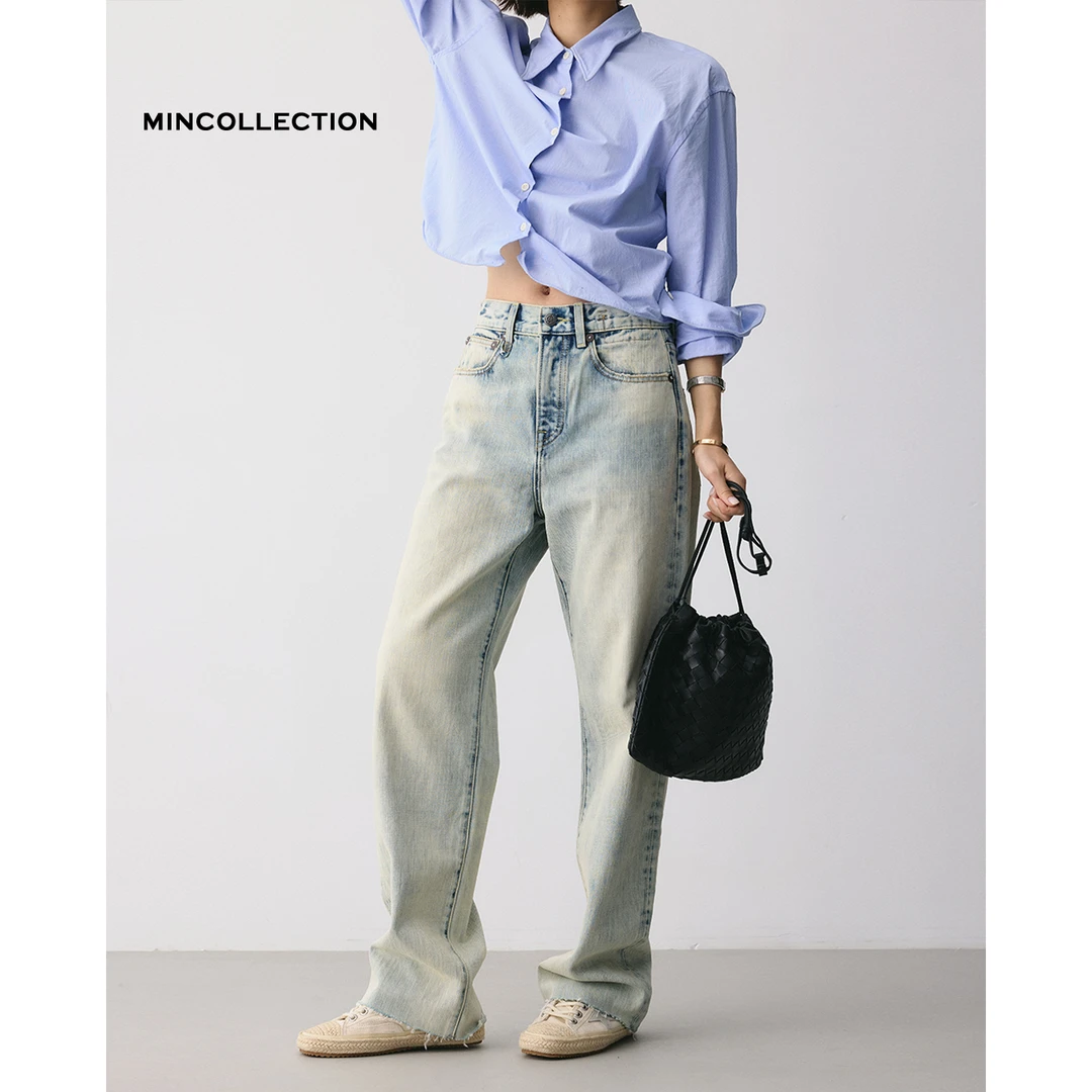 DE Mincollection浅蓝毛边裤/泛黄做旧清爽须边直筒牛仔裤55400