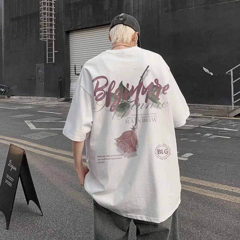 美式复古玫瑰印花短袖t恤男夏季潮牌ins重磅宽松大码半袖体恤高街