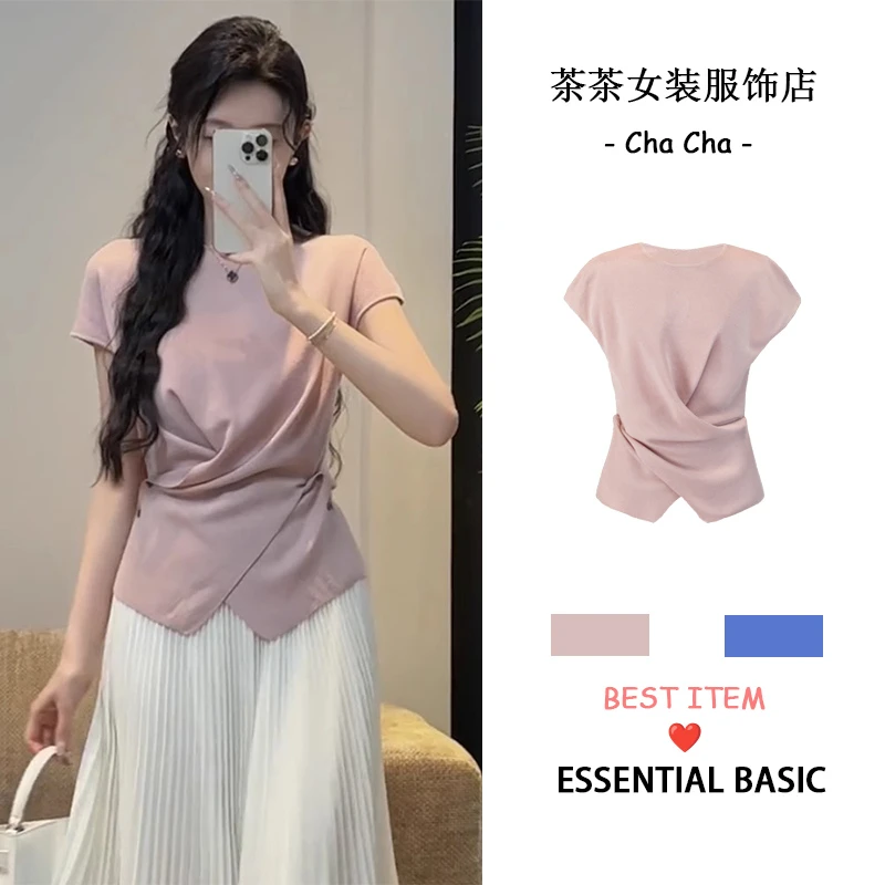 韩系纽扣收腰显瘦短袖针织衫女夏装新款设计感小众洋气时尚上衣薄