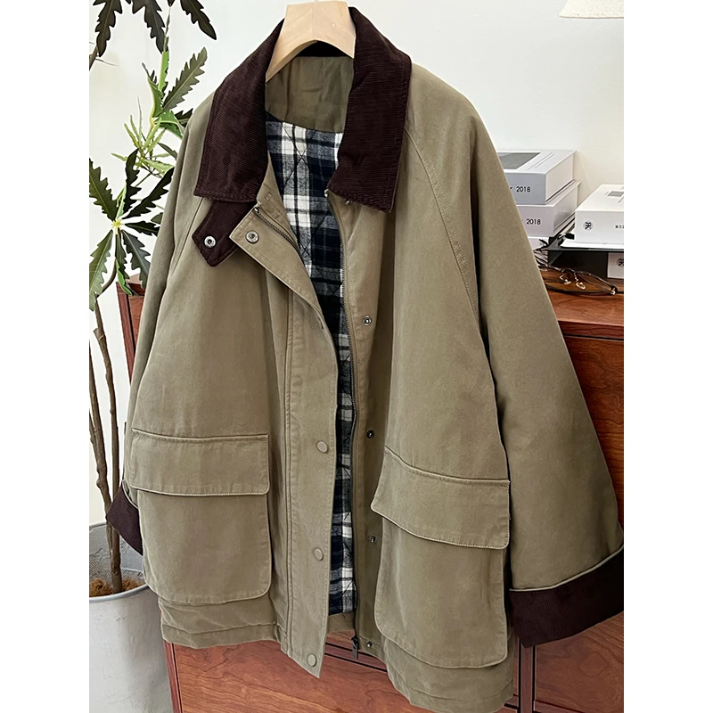 【832】--巴恩风撞色灯芯绒翻领棉服女宽松工装风加厚保暖棉衣外套