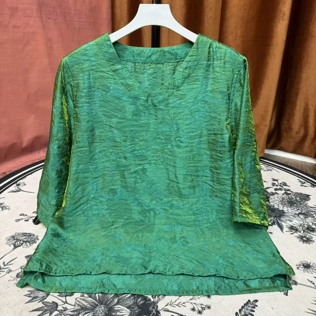 满分双面穿浮光锦绿色V领半袖小衫-B111103