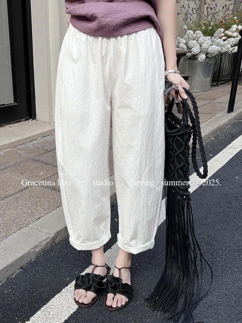 GRACETINA HOO2025十三行春夏新款微皱肌理感立体剪裁百搭休闲裤