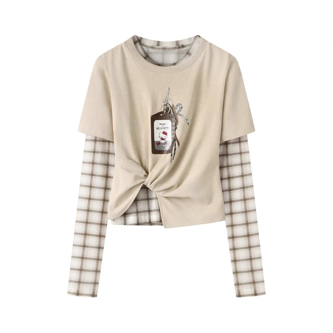 【B100】2025季新款时尚设计感卡通图案两件套长袖T恤显瘦上衣女