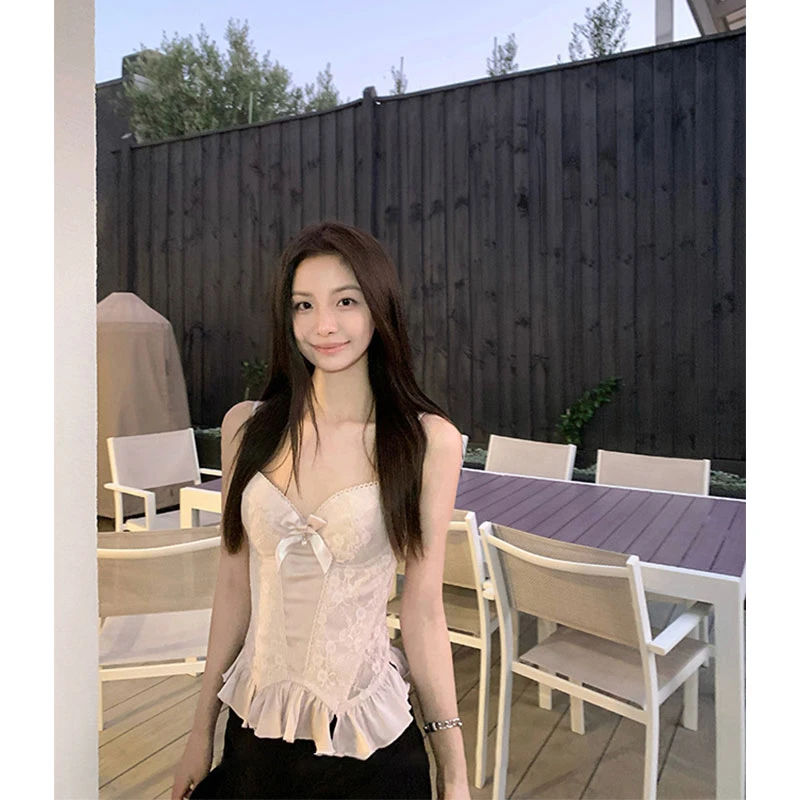 2025夏季新款甜美辣妹荷叶边下摆吊带背心蝴蝶结鱼骨蕾丝V领胸衣