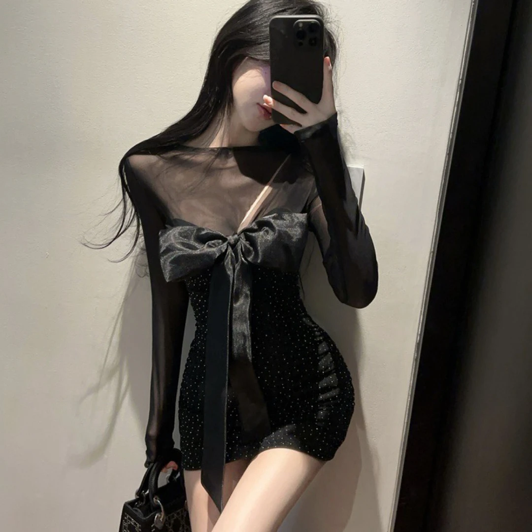 （暗夜精灵）烫钻甜辣性感蝴蝶结紧身长袖网纱拼接连衣裙短裙包臀裙