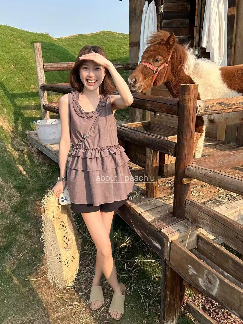 Peach自制 春日进行曲 小众设计层次感立体花边无袖背心上衣10188