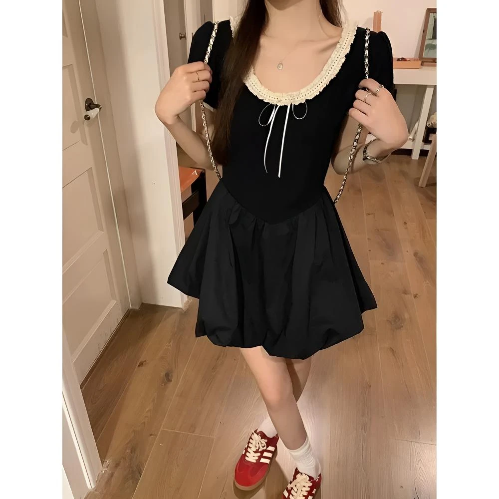 【源头厂家】胖mm甜美少女蕾丝大圆领女修身设计感气质显瘦小黑裙