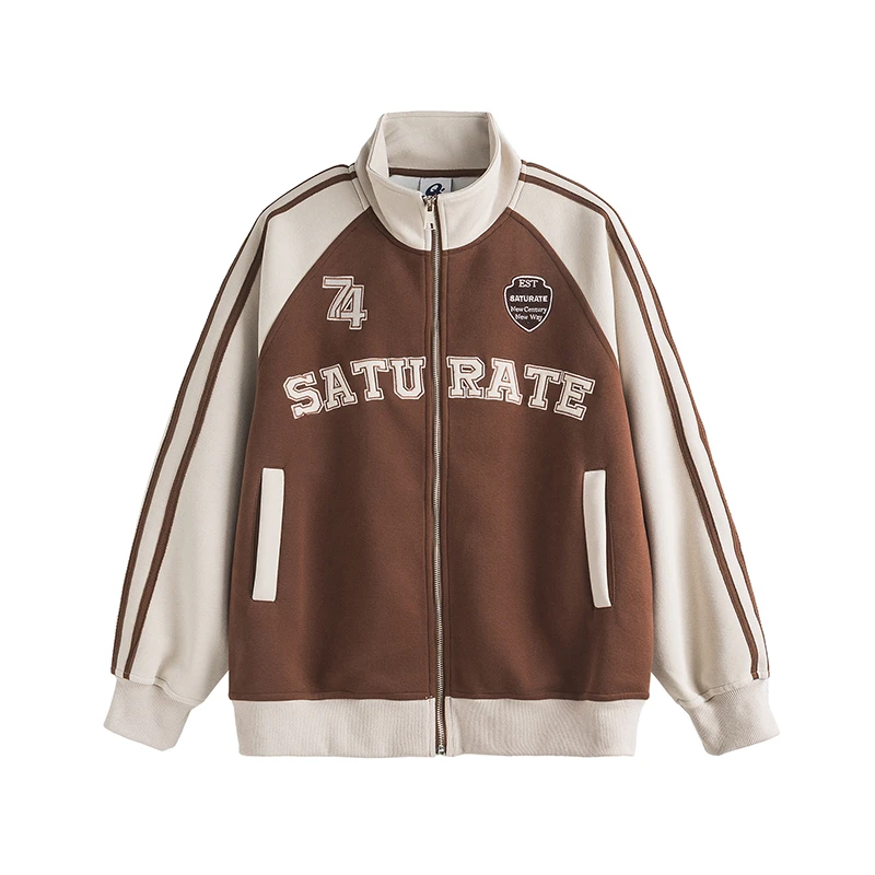 美式插肩袖运动外套春秋宽松撞色条纹立领夹克拼接百搭W1323