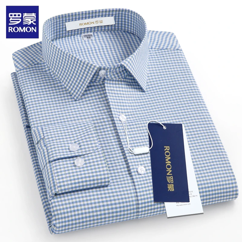 罗蒙男士磨毛格子衬衫100%纯棉户外休闲长袖高档新款商务衬衣工装