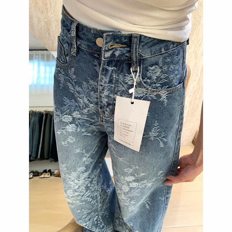 设计感提花刺绣牛仔裤女2025秋季新款高腰宽松显瘦复古阔腿拖地裤