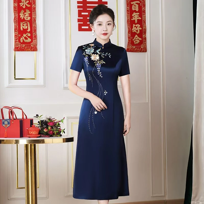 妈妈婚礼服秋冬醋酸刺绣喜婆婆婚宴装旗袍22D103复古风