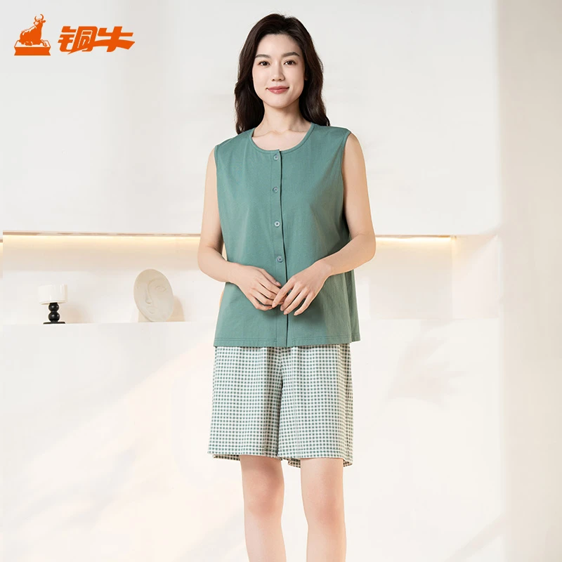 铜牛清风抗菌棉开襟背心家居女套2025春夏新款家居套装女VJ133