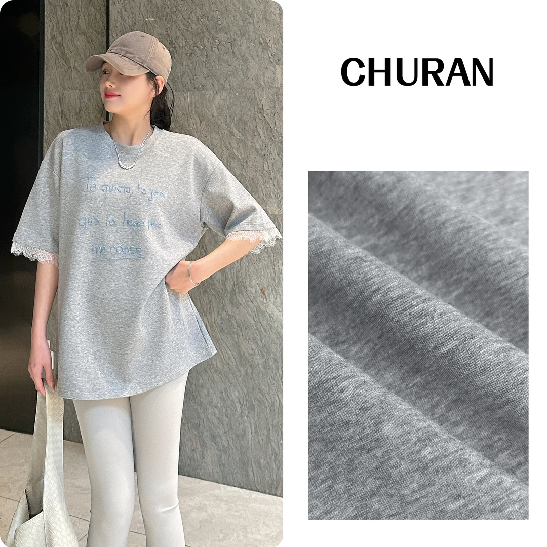 U.V.Y2025春夏新款蕾丝字母刺绣韩版T恤显瘦宽松中长款短袖