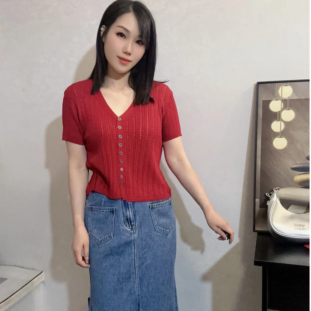 镂空女毛针织衫夏季薄款短袖开衫百搭气质v领2025显瘦曲珠女新款