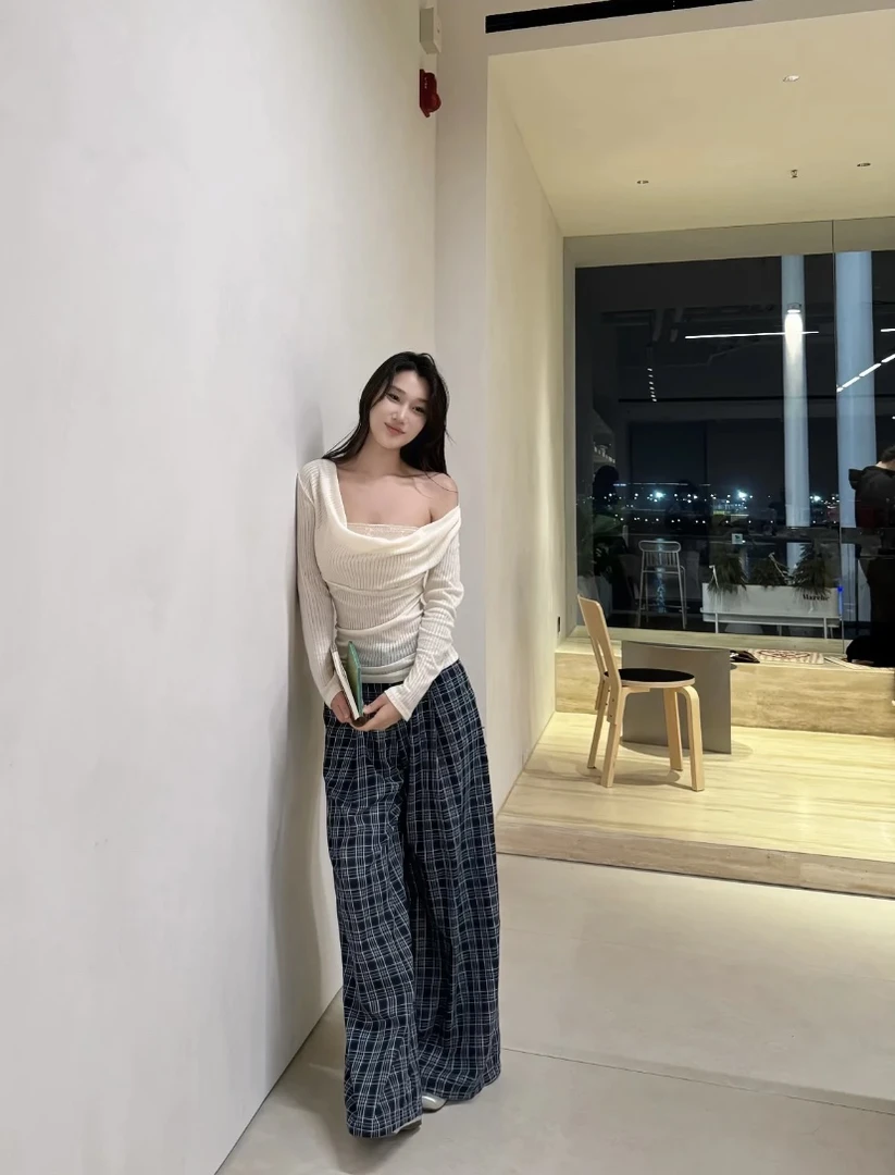 【RDL】蓝色格纹休闲阔腿裤