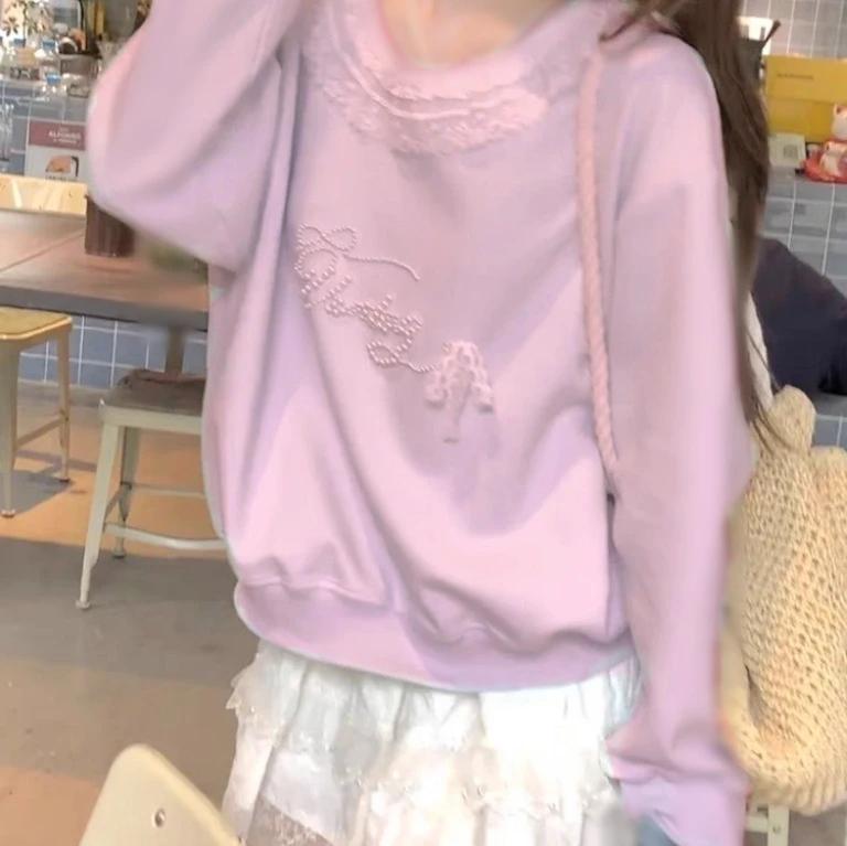 秋季新款大码24043小众蕾丝花边圆领显瘦宽松卫衣女时尚