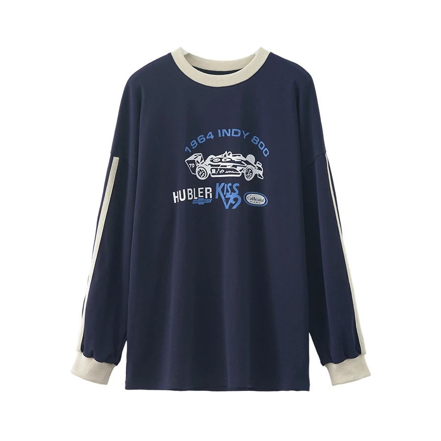 韩版甜美上衣女款字母汽车印花休闲长袖T恤春秋秋季宽松百搭