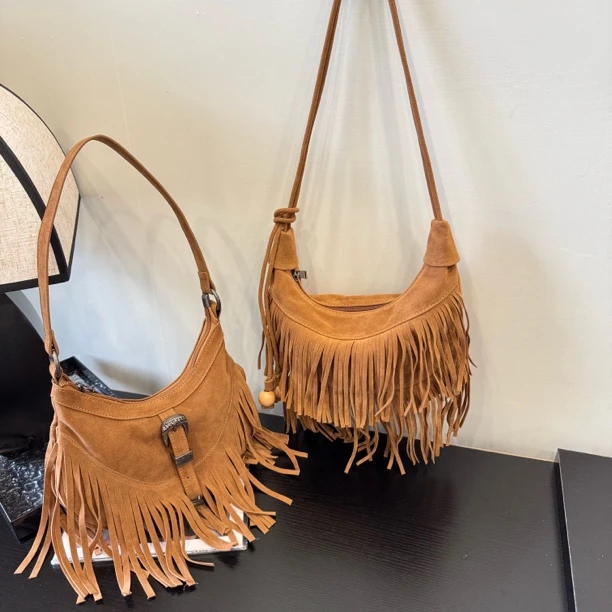 2024新款复古麂皮流苏包手提单肩腋下包女原创小众高级质感百搭