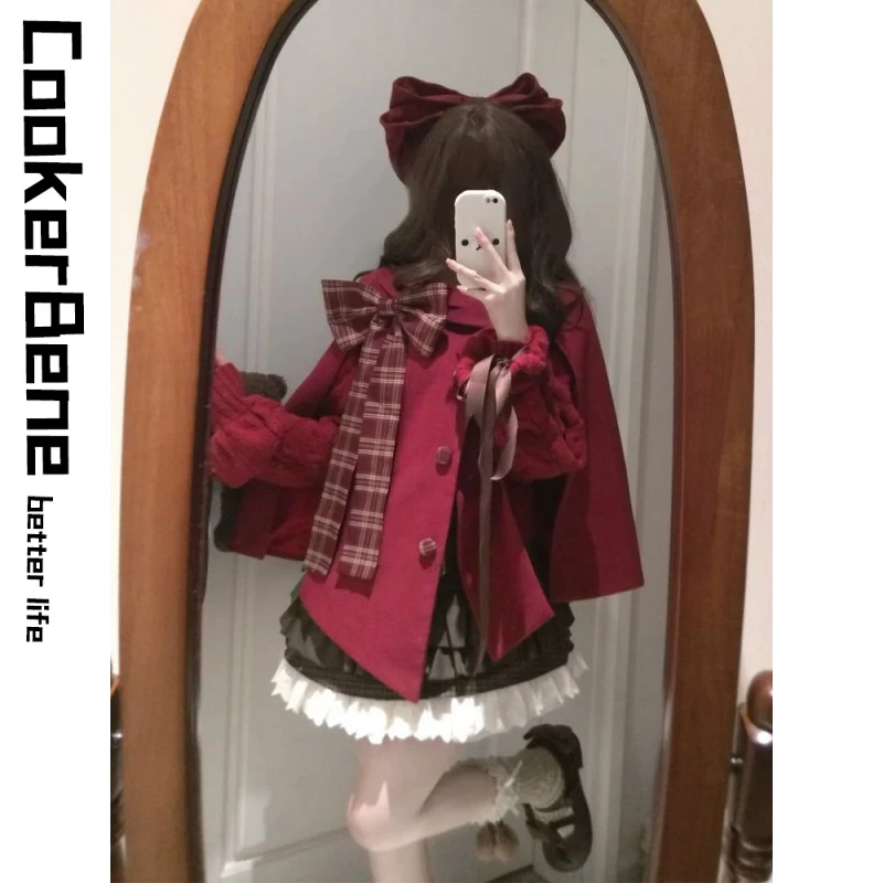 【甜甜红樱】可爱风新年氛围感蝴蝶结斗篷外套+格纹蛋糕短裙两件套