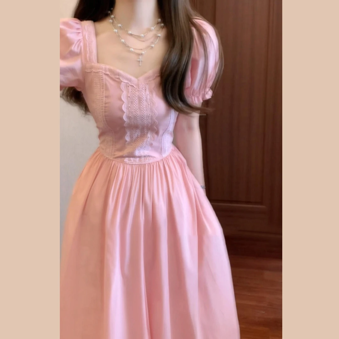 5070【金拐子专属】法式小个子粉色方领短袖连衣裙女韩系显瘦长裙