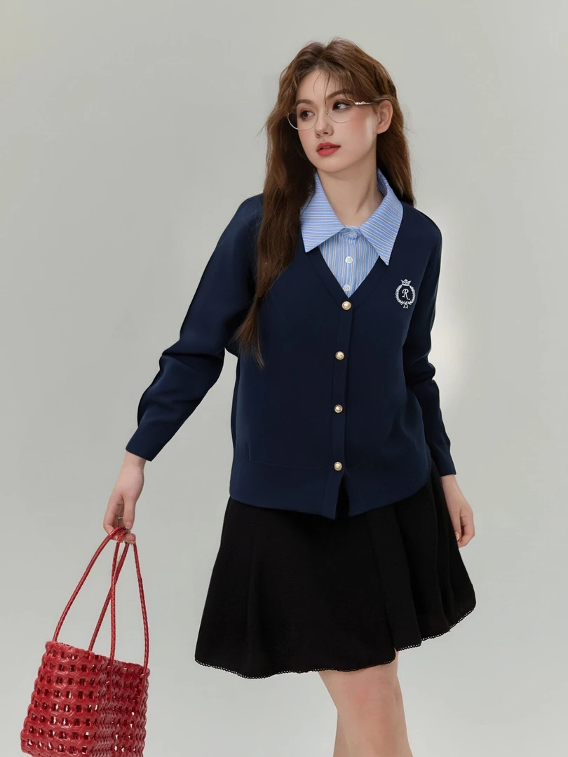 *大码女装气质学院风毛衣2025春胖mm显瘦假两件上衣女针织衫22867