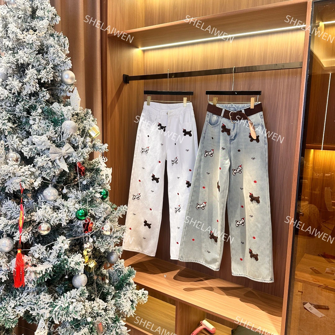 【SHELAIWEN】美式卡通小狗刺绣牛仔裤