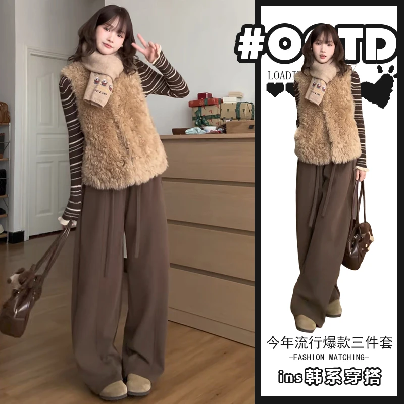 2025秋冬保暖气质马甲条纹打底衫阔腿裤港味别致百搭三件套潮